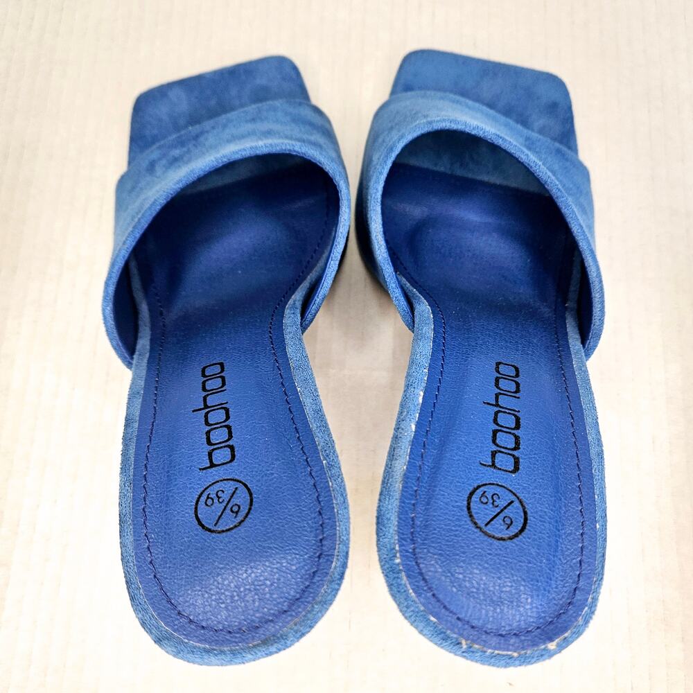 Boohoo Blue Faux Suede Square Toe Slip On Heeled Mule Size 6UK/39EUR/8US - Picture 8 of 10